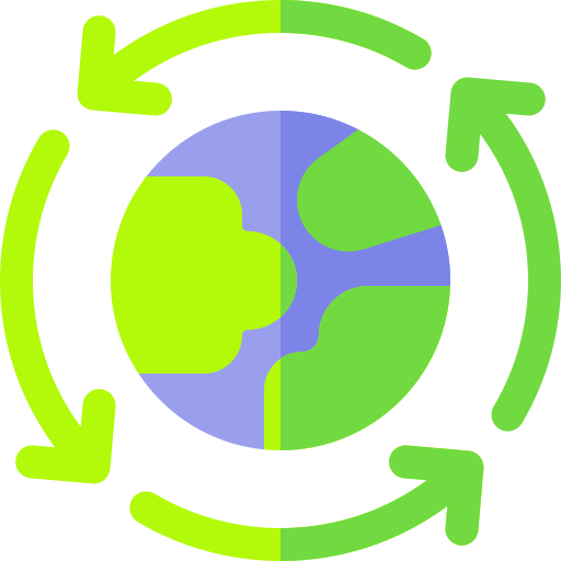 Ein Erdball mit vier grünen Pfeilen kreisförmig darum herum. Symbol für fnordkollektivs Werte der Nachhaltigkeit und Ethik.